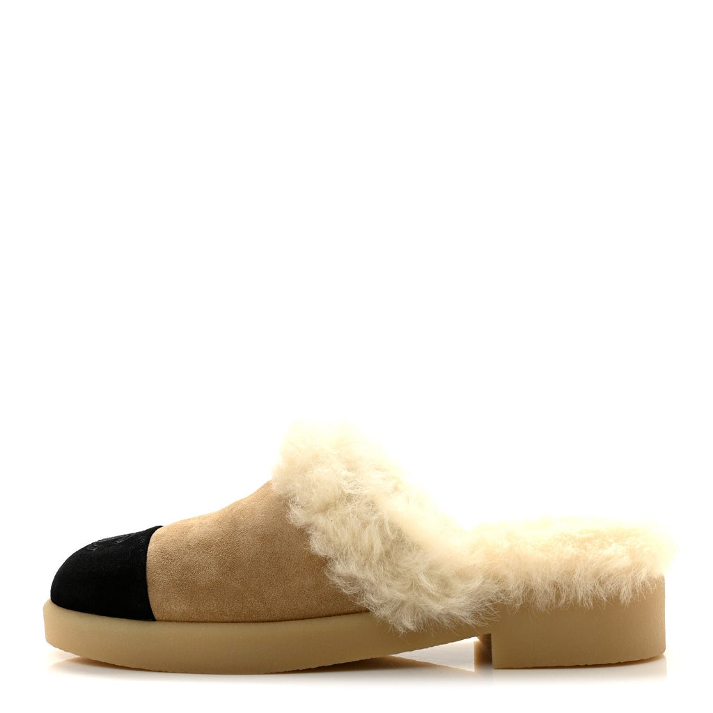 Suede Shearling CC Cap Toe Mules 40 Beige Black