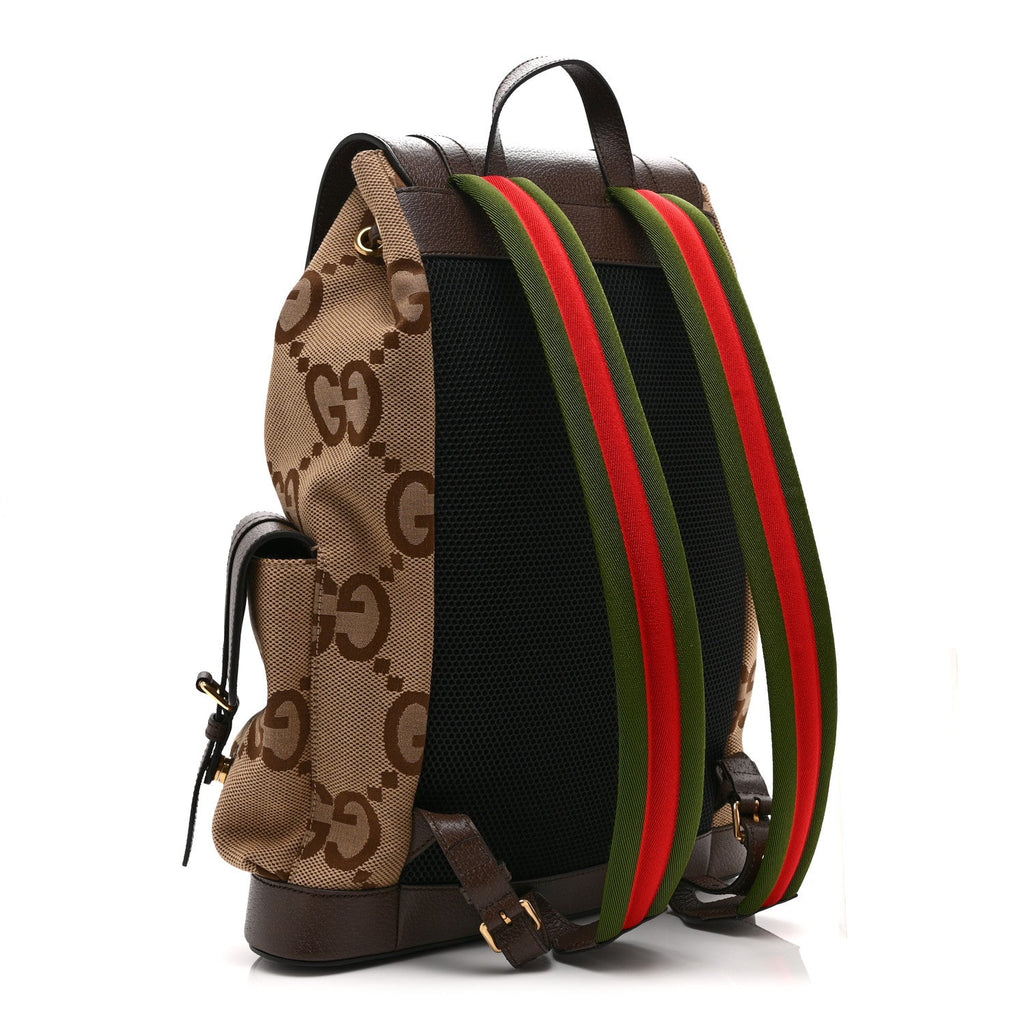 Monogram Jumbo GG Textured Dollar Calfskin Web Double Buckle Backpack Camel Ebony New Acero