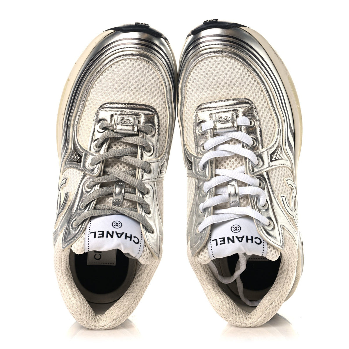 Fabric Laminated Calfskin Stretch CC Womens Sneakers 36 White Silver
