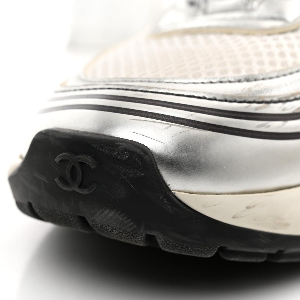 Fabric Laminated Calfskin Stretch CC Sneakers 36.5 White Silver