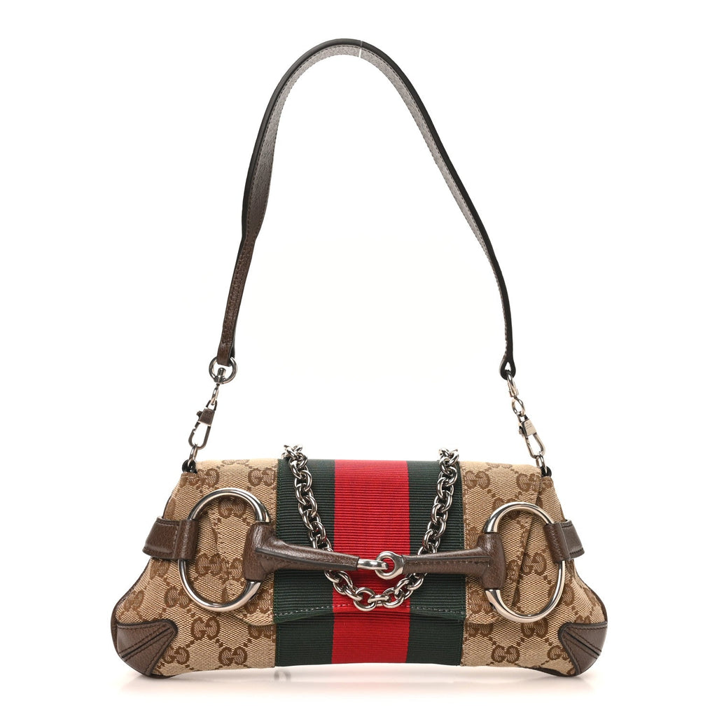 Monogram Textured Dollar Calfskin Heavy Grosgrain Web Small Maxi Horsebit Chain Shoulder Bag Beige Ebony New Acero