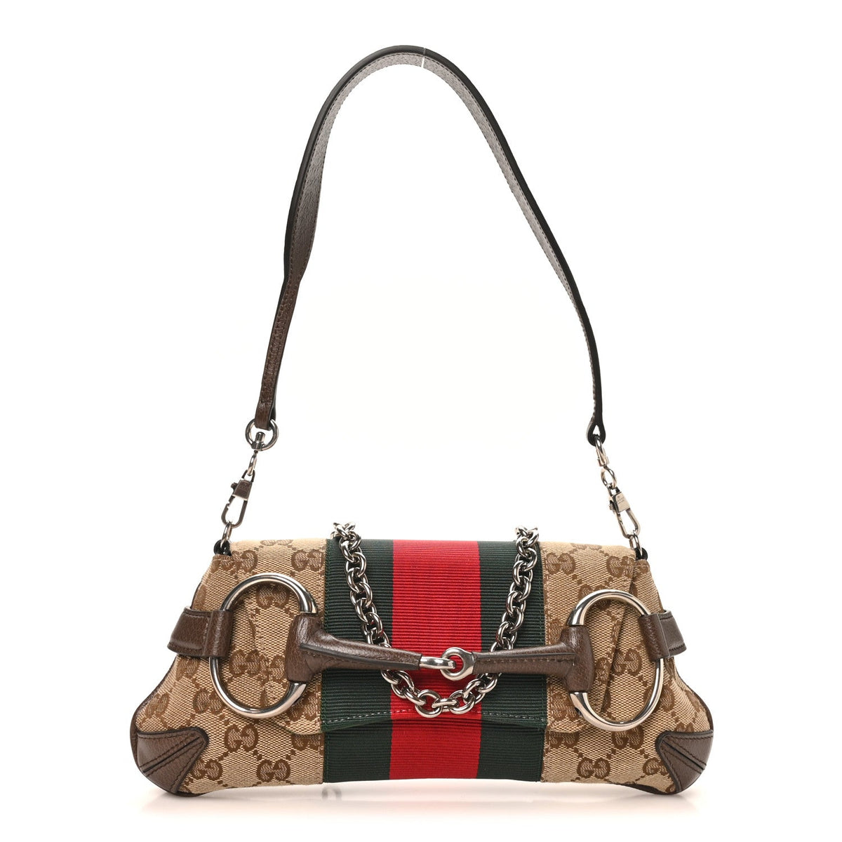 Monogram Textured Dollar Calfskin Heavy Grosgrain Web Small Maxi Horsebit Chain Shoulder Bag Beige Ebony New Acero