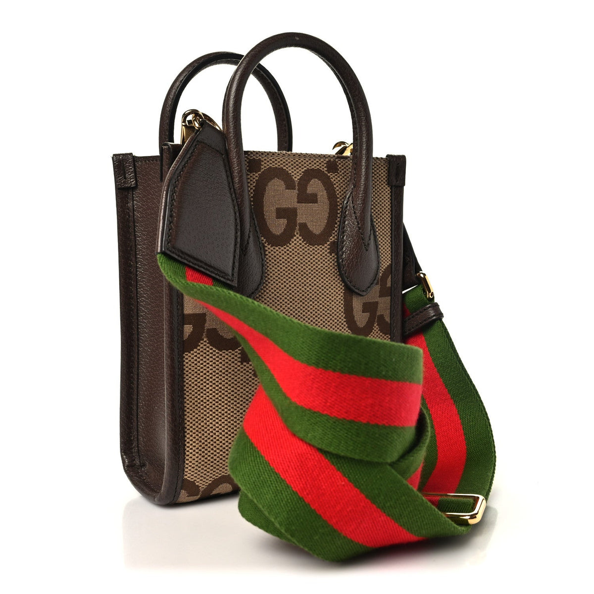 Monogram Jumbo GG Textured Dollar Calfskin Web Mini Vertical Tote Camel Ebony New Acero