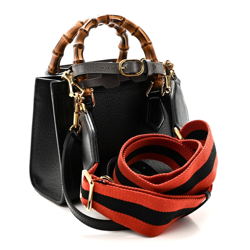 Textured Dollar Calfskin Web Mini Diana Tote Bag Black