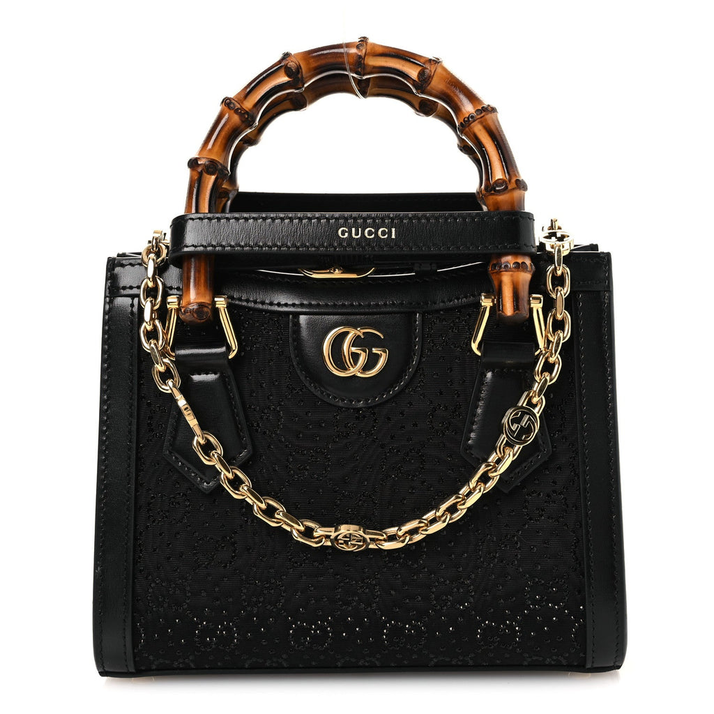 New Canvas Charisma Calfskin Crystal GG Monogram Mini Diana Tote Black