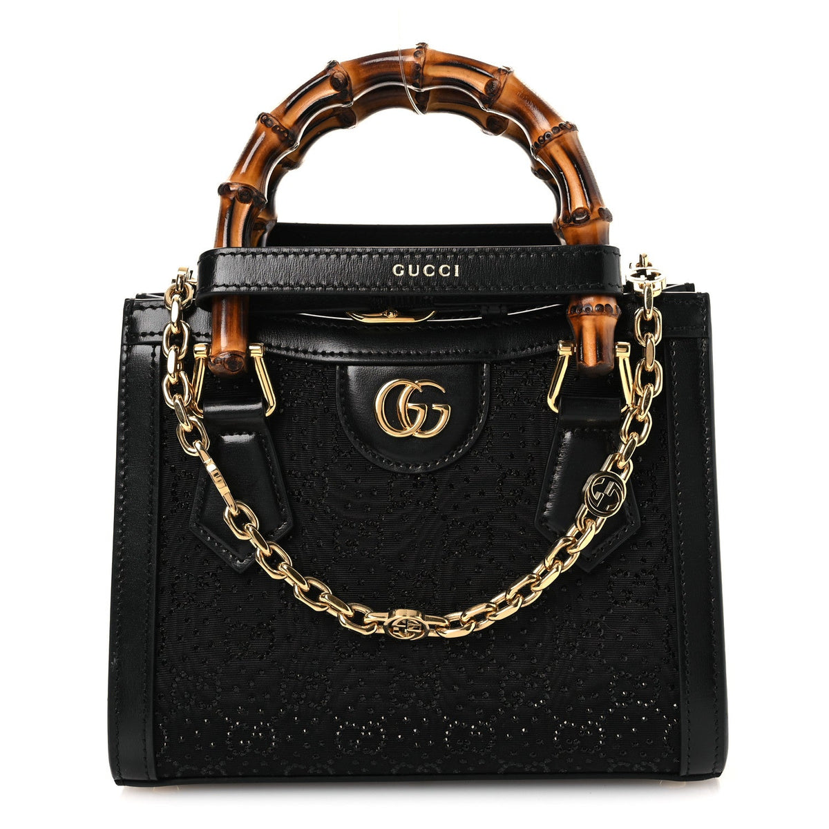 New Canvas Charisma Calfskin Crystal GG Monogram Mini Diana Tote Black