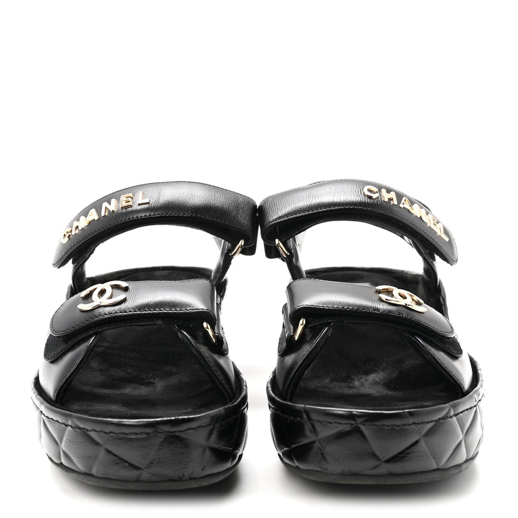 Shiny Calfskin Logo Platform Sandals 38 Black
