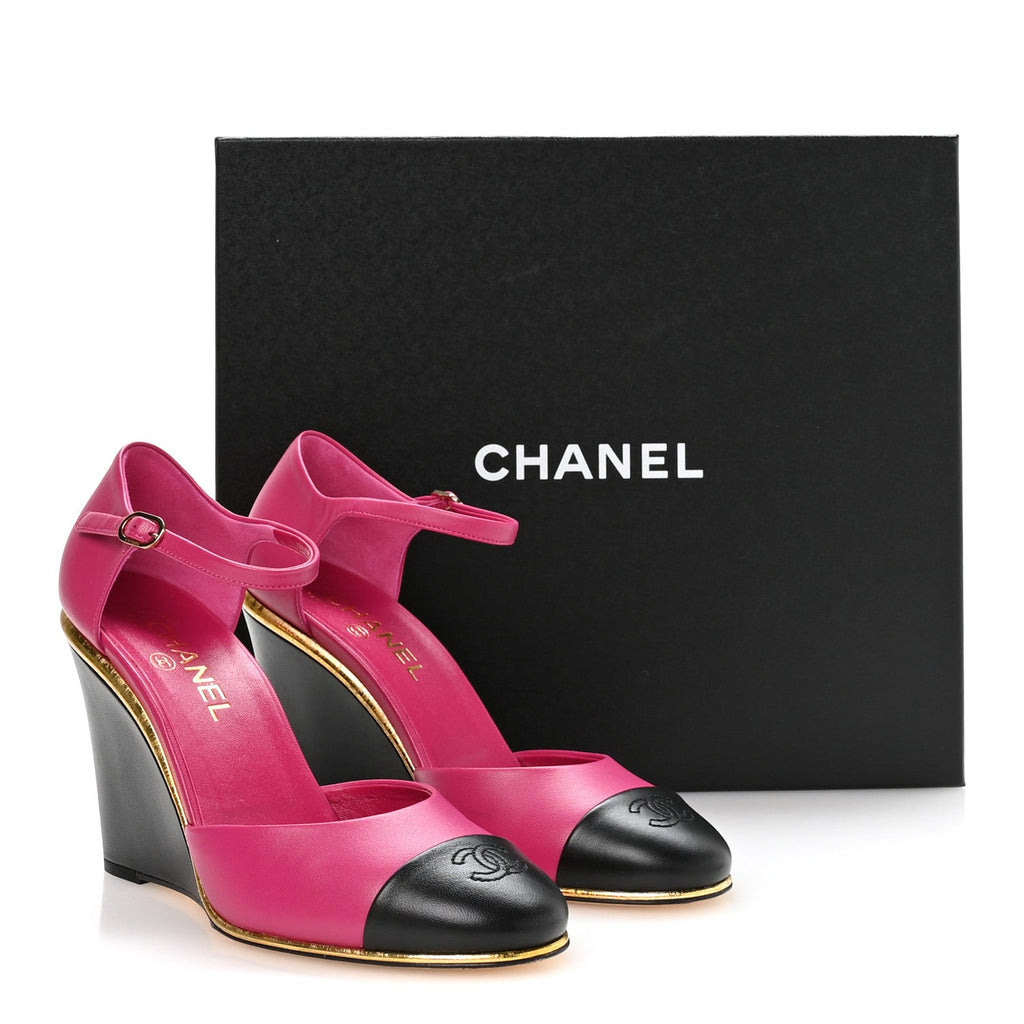 Lambskin Cap Toe Open Wedge Pumps 40 Fuchsia Black
