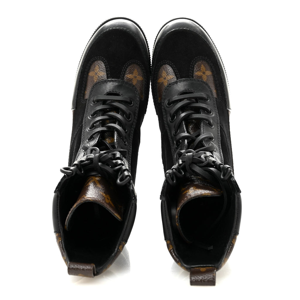 Suede Calfskin Monogram Laureate Platform Desert Boots 34.5 Black