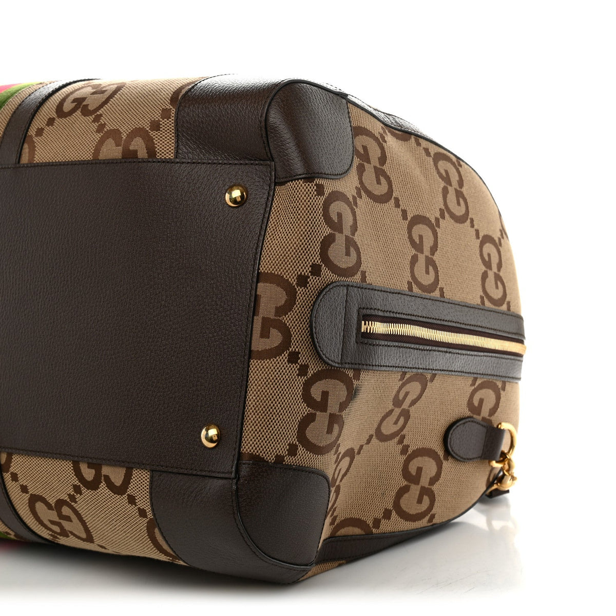 Monogram Jumbo GG Textured Dollar Calfskin Web Maxi Duffle Bag Camel Ebony