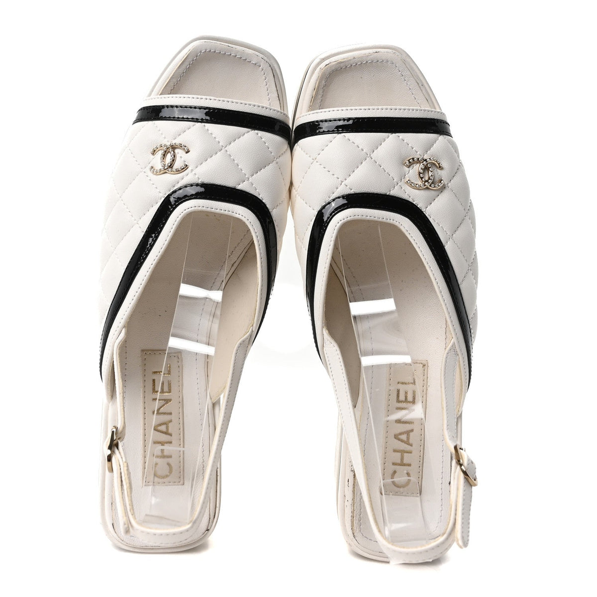 Lambskin Patent Quilted CC Platform Sandals 37.5 White Black