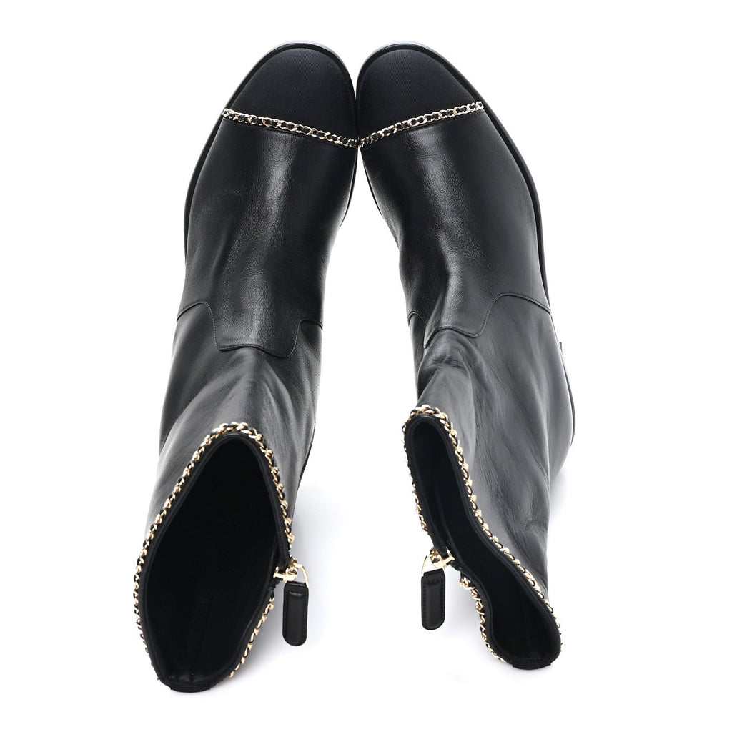 Lambskin Grosgrain Cap Toe Chain Short Boots 38 Black