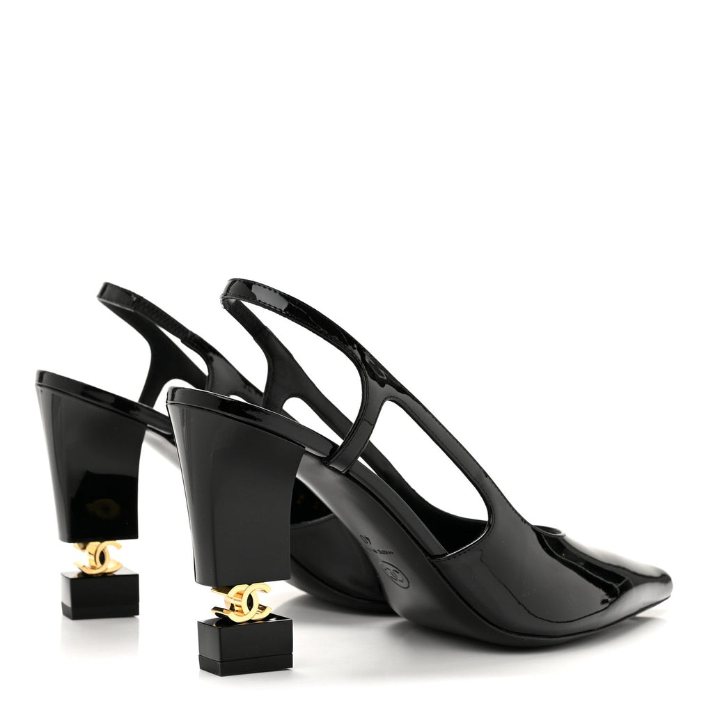 Patent Calfskin Slingback CC Cutout Pumps 40 Black