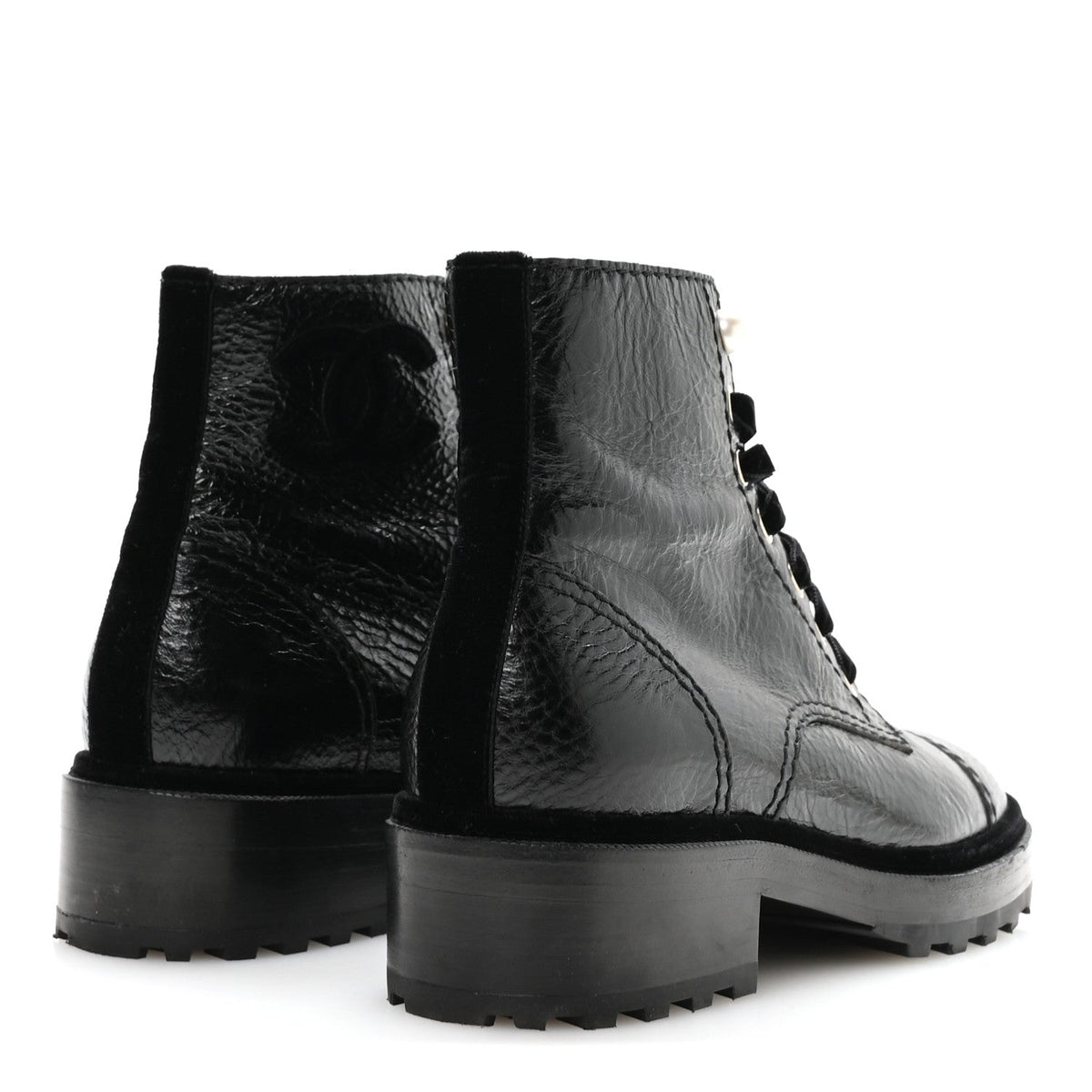 Shiny Calfskin Velvet Pearl Combat Short Boots 37.5 Black