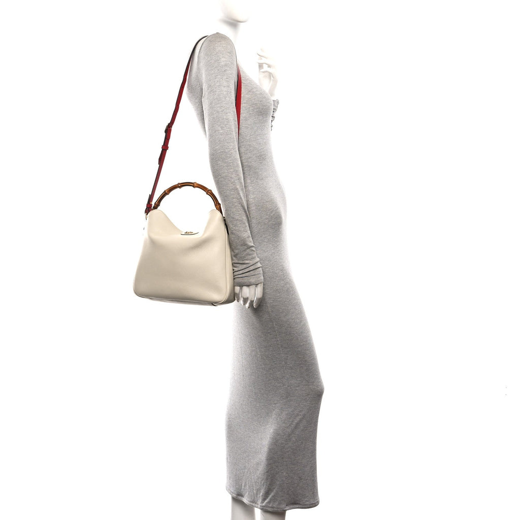 Softy Wonka Textured Dollar Calfskin Medium Diana Bamboo Shoulder Bag Mystic White Hibiscus Red