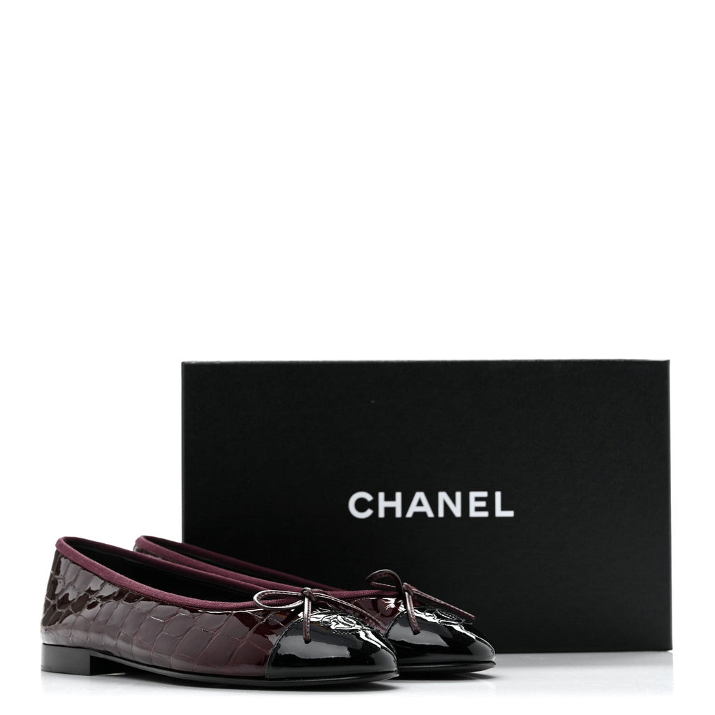 Patent Calfskin Crocodile Embossed Ballerina Flats 37 Dark Burgundy Black