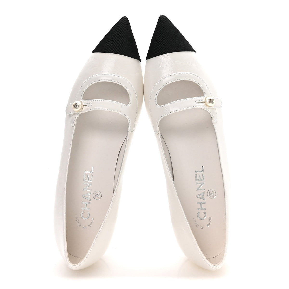 Shiny Lambskin Grosgrain Pearl Mary Janes Flats 38 White Black