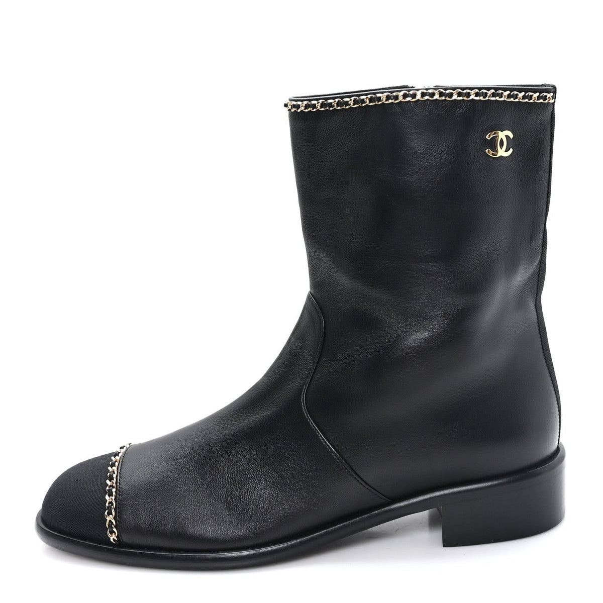 Lambskin Grosgrain Cap Toe Chain Short Boots 38 Black