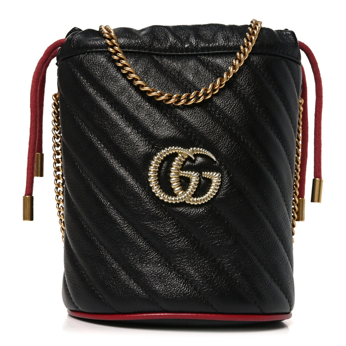 Vintage Effect Calfskin Matelasse Diagonal Mini Torchon GG Marmont 2.0 Bucket Bag Black Romantic Cherry