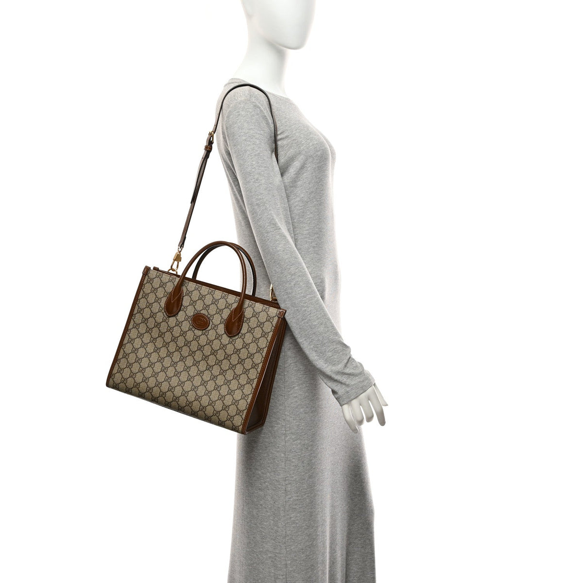 GG Supreme Monogram Azalea Calfskin Small Retro Interlocking G Tote Bag Beige Ebony Brown Sugar