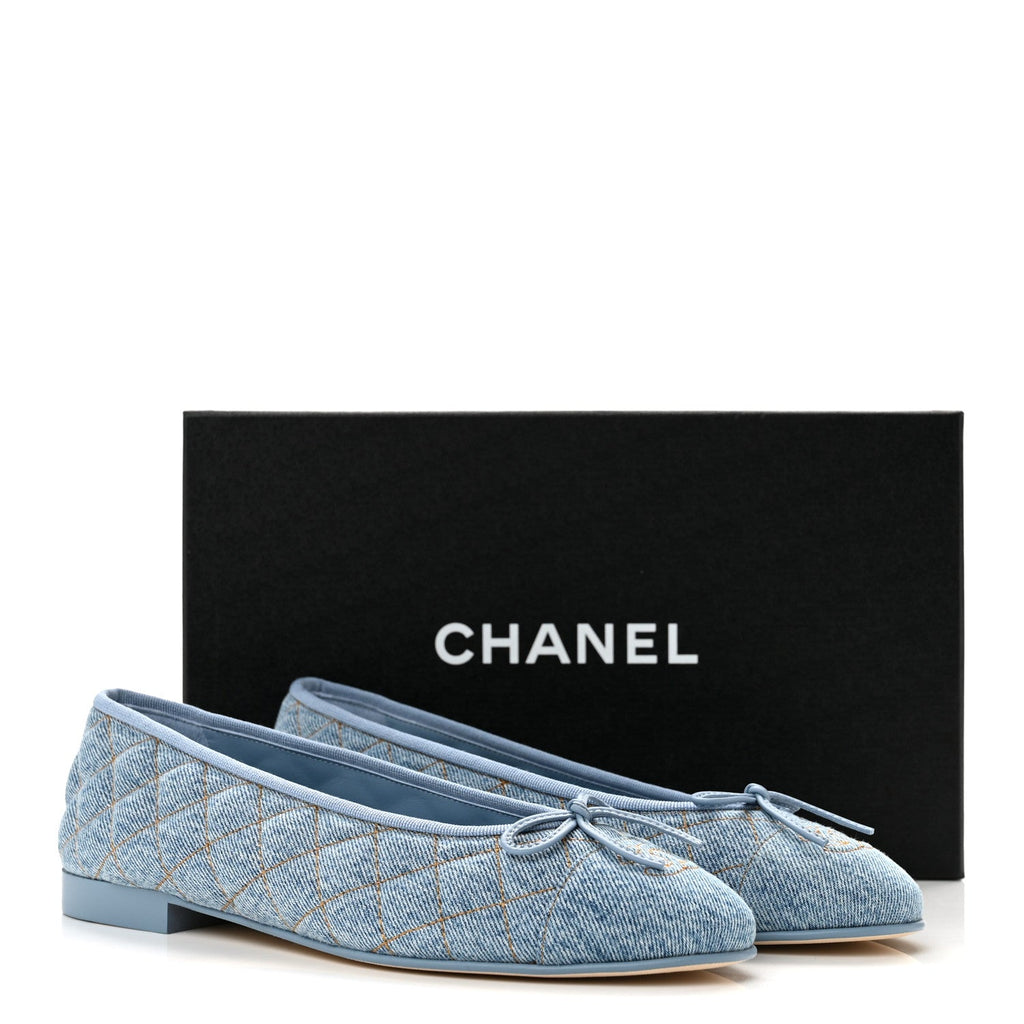 Denim Quilted CC Cap Toe Ballerina Flats 40 Light Blue