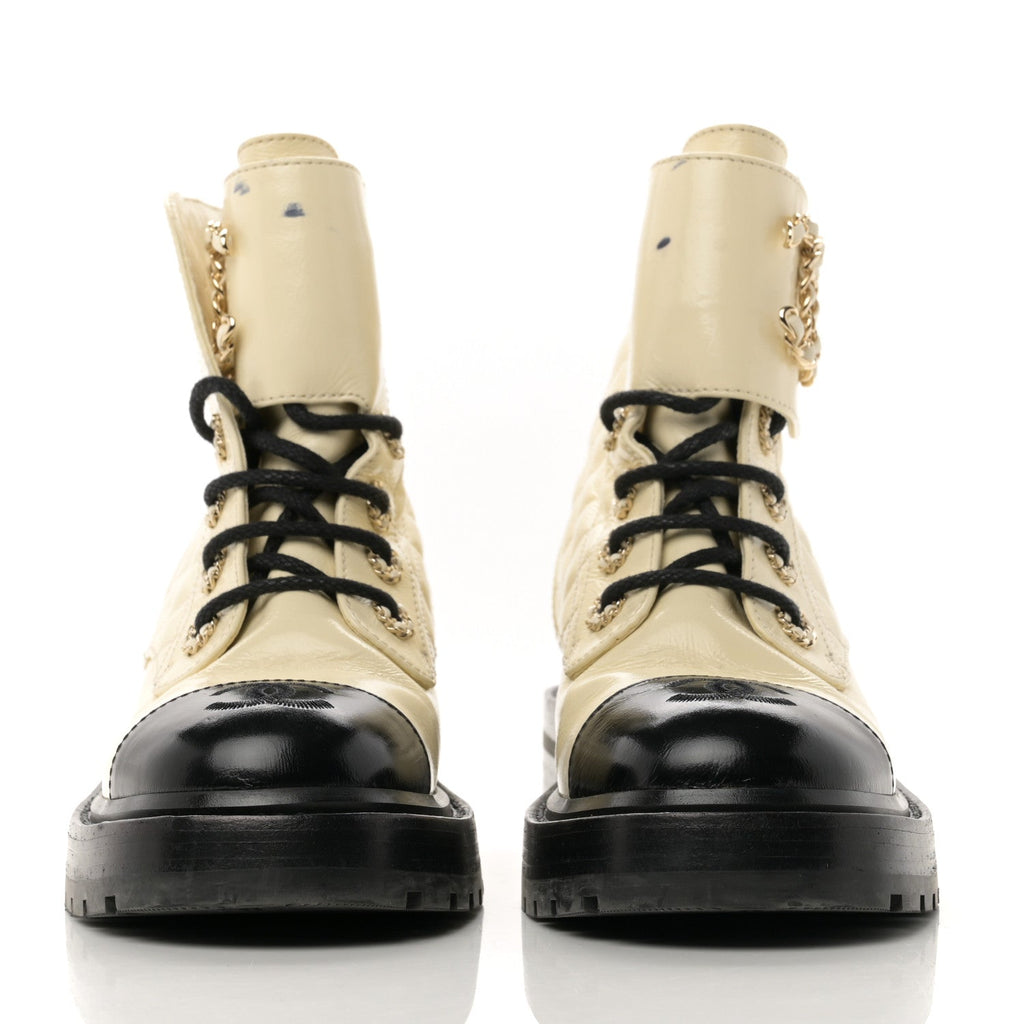 Shiny Goatskin Calfskin Quilted Lace Up Combat Boots 36 Ivory Black