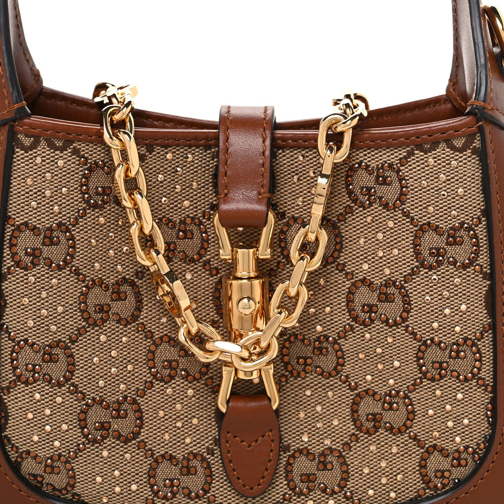 New Canvas Charisma Calfskin Crystal GG Monogram Mini Jackie 1961 Hobo Camel Ebony