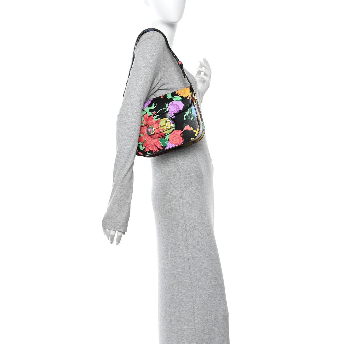 X KEN SCOTT New Shangai Calfskin Jenny Floral Print Horsebit 1955 Shoulder Bag Black Pink