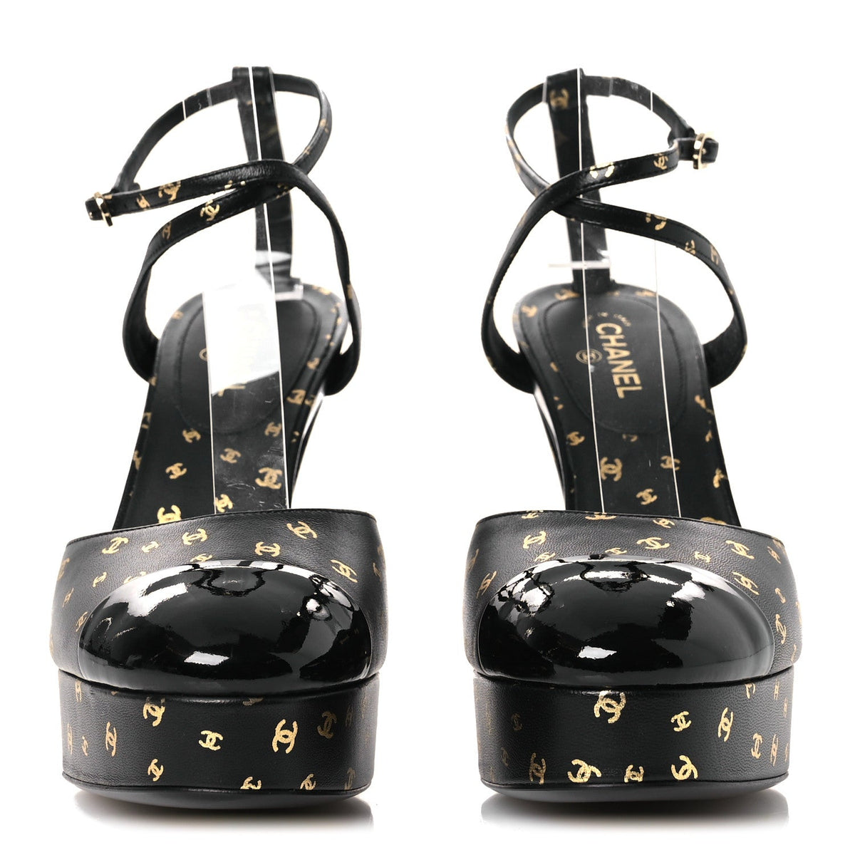 Printed Lambskin CC Platform Pumps 37.5 Black Gold
