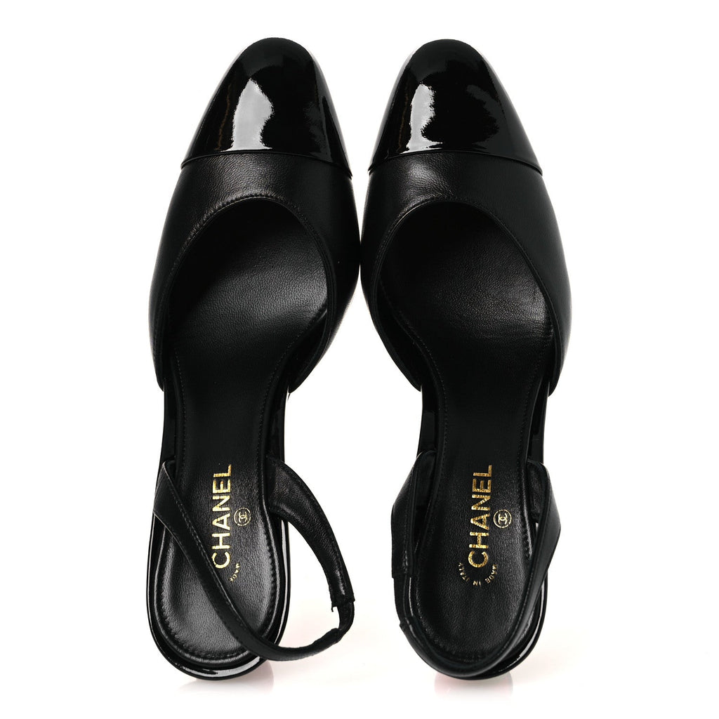 Lambskin Patent Cap Toe CC Apple Slingback Pumps 37 Black