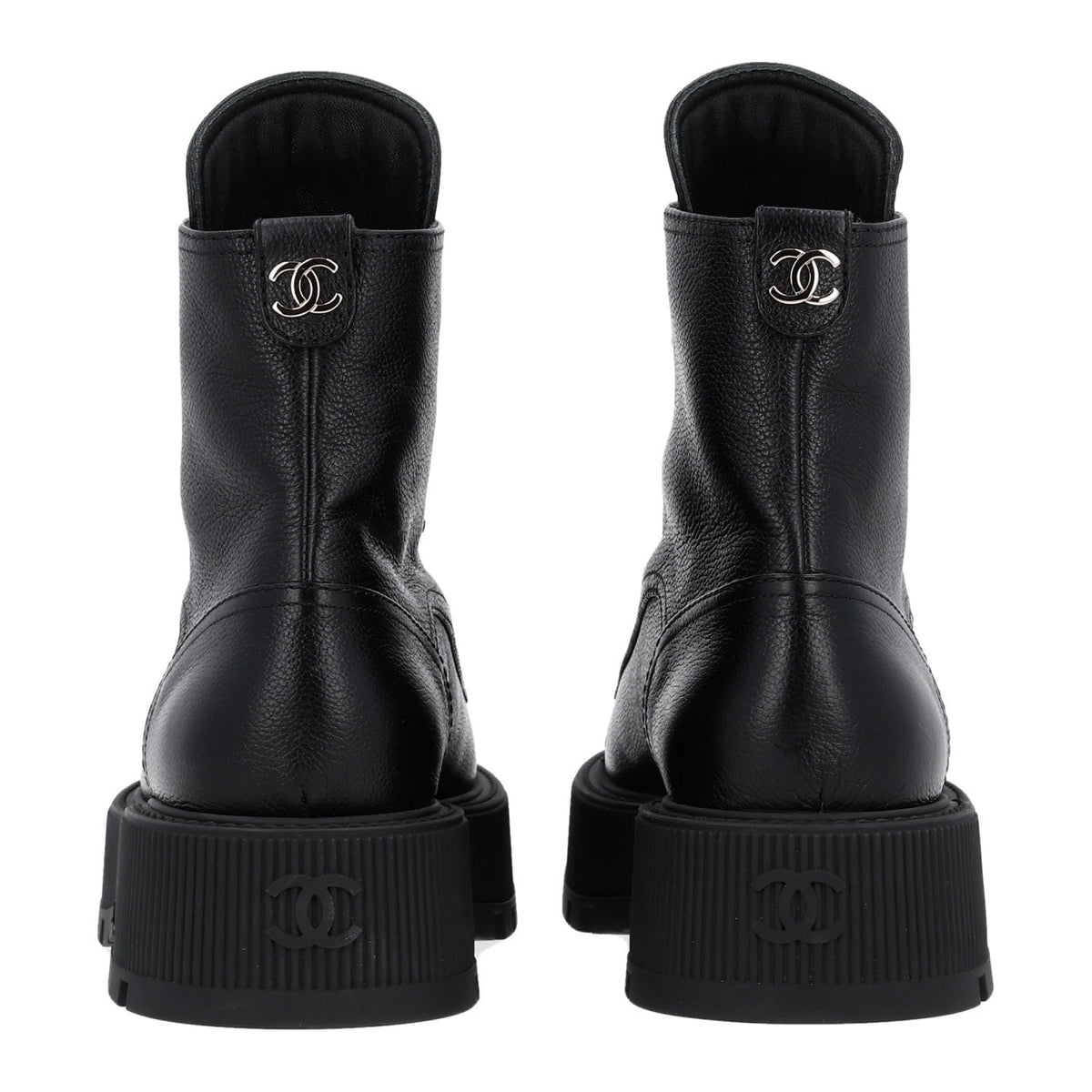 Grained Calfskin Shiny Calfskin CC Lace Up Combat Boots 40.5 Black