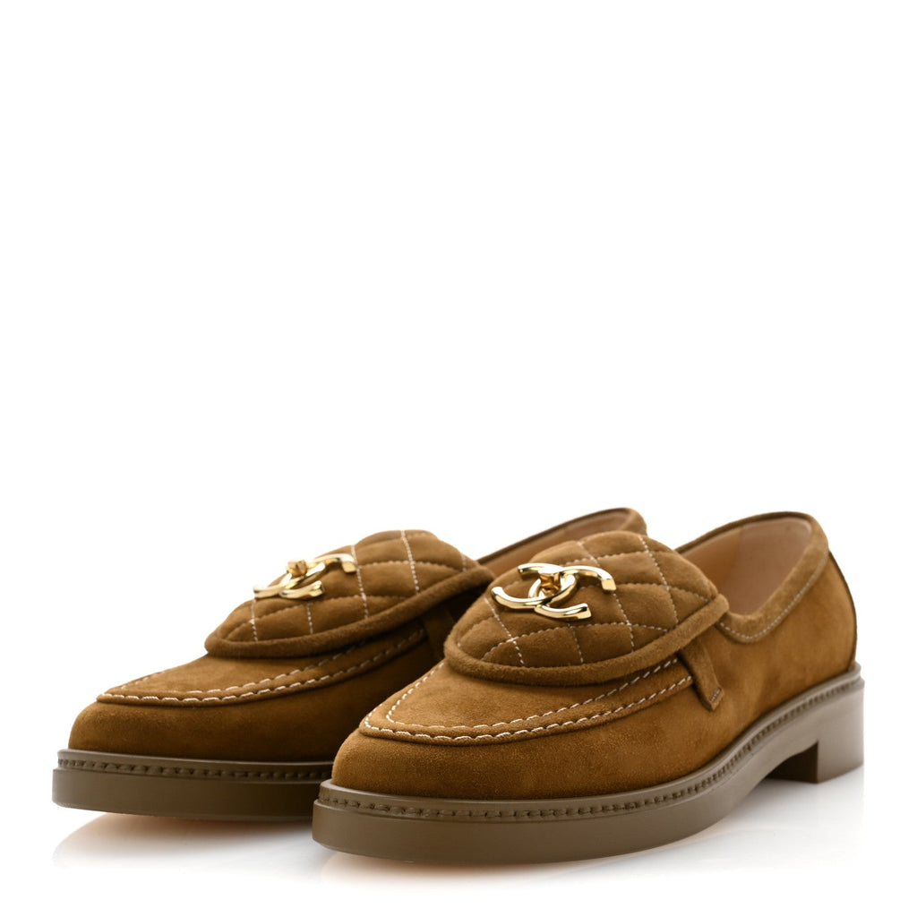 Suede Kidskin Quilted CC Turnlock Loafers 38 Light Brown