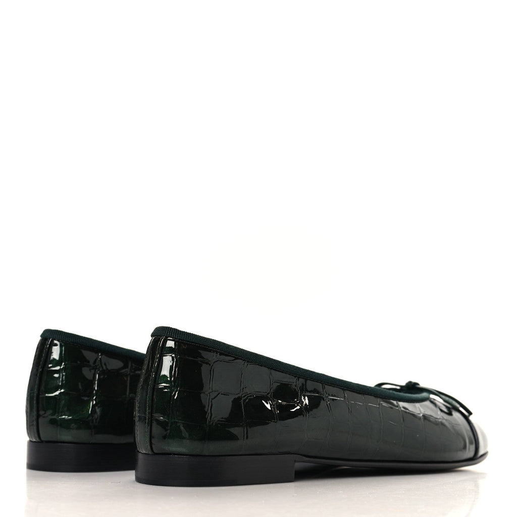 Patent Calfskin Crocodile Embossed Ballerina Flats 38 Dark Green Black