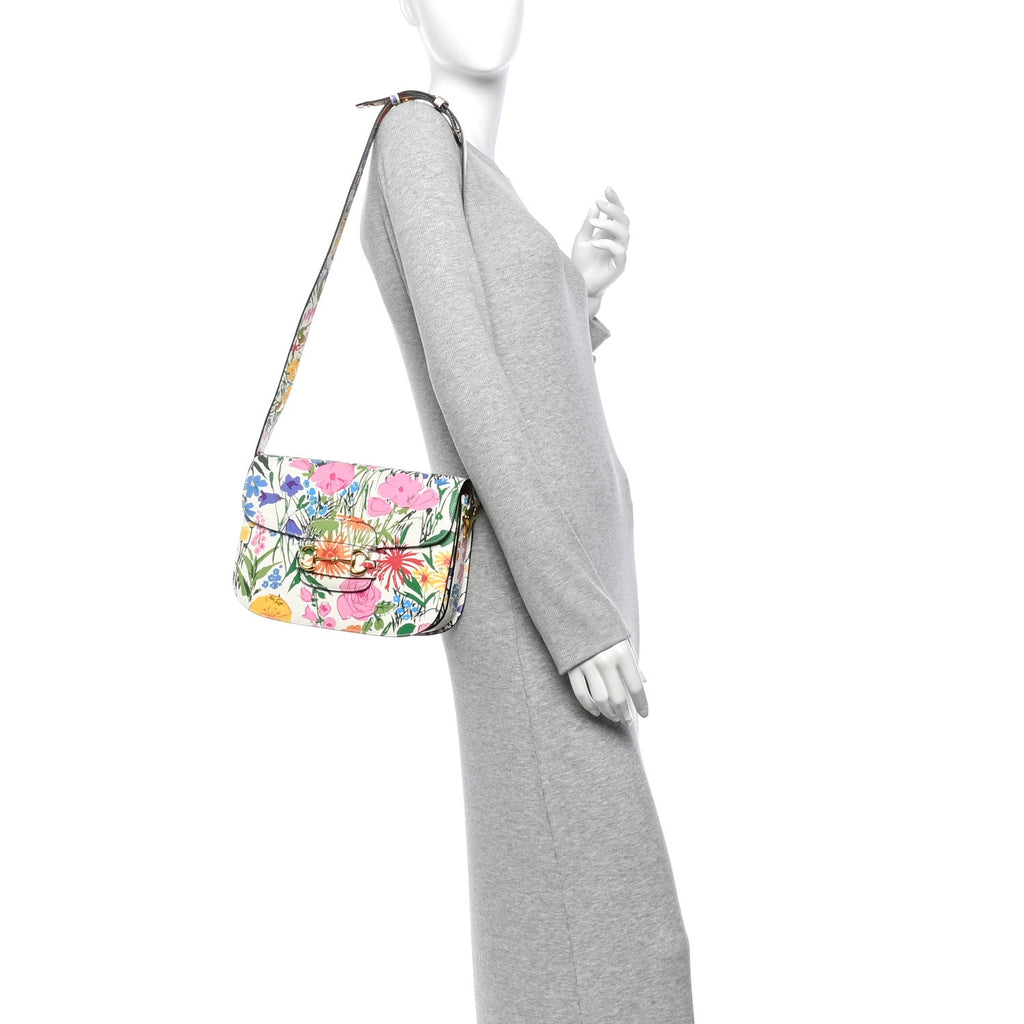 X KEN SCOTT New Shangai Calfskin Jardin D'Avril Floral Print Horsebit 1955 Shoulder Bag Ivory Pink Wild Rose