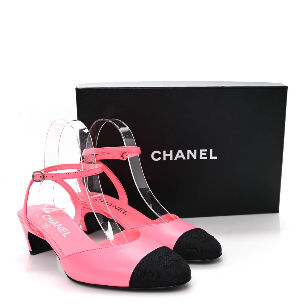 Lambskin Grosgrain Cap Toe CC Slingback Pumps 37 Coral Black
