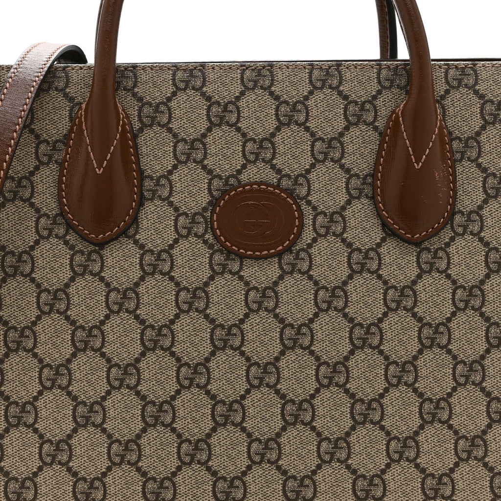 GG Supreme Monogram Azalea Calfskin Small Retro Interlocking G Tote Bag Beige Ebony Brown Sugar