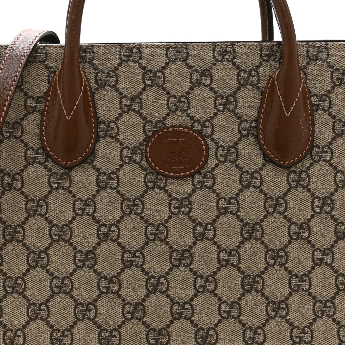 GG Supreme Monogram Azalea Calfskin Small Retro Interlocking G Tote Bag Beige Ebony Brown Sugar