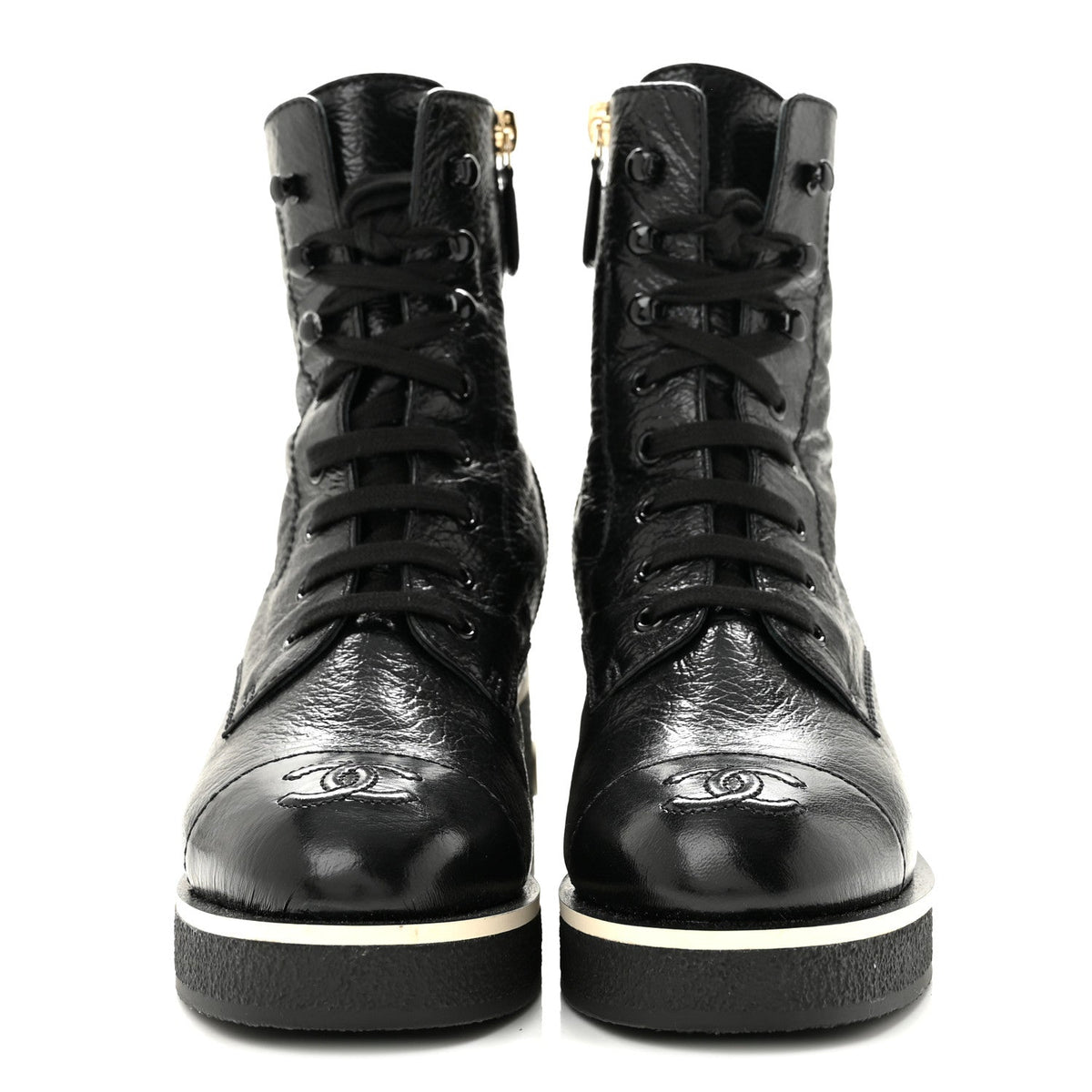 Shiny Crumpled Lambskin Lace Up Combat Boots 36 Black