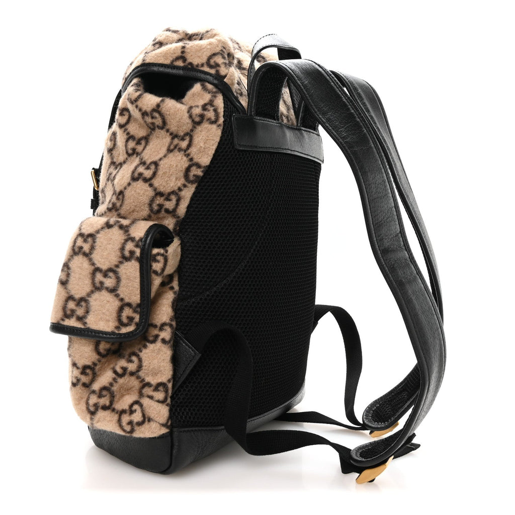 Covered Wool GG Monogram Small Double Buckle Backpack Beige Ebony Black