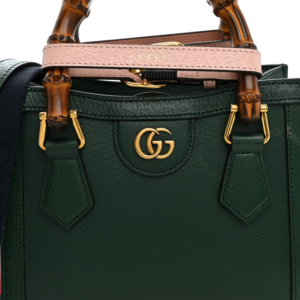 Textured Dollar Calfskin Web Mini Diana Tote Bag Vintage Green Pink