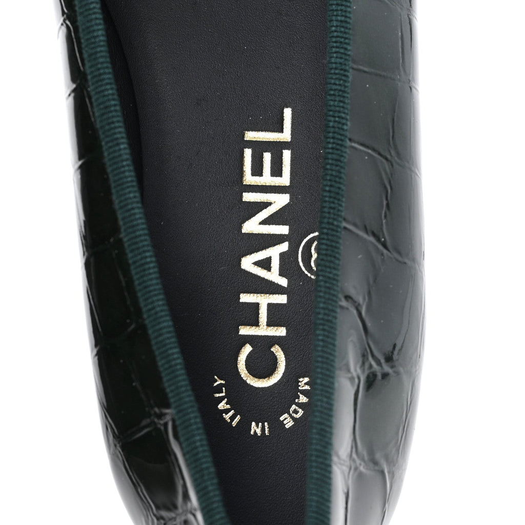 Crocodile Embossed Patent Calfskin Ballet Flats 36.5 Dark Green Black