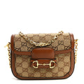 New Canvas Charisma Calfskin Crystal GG Monogram Mini Horsebit 1955 Shoulder Bag Camel Ebony