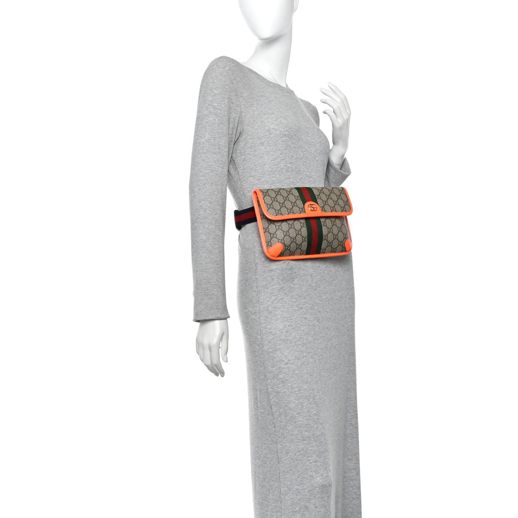 GG Supreme Monogram Web Small Ophidia Belt Bag Beige Ebony Orange Fluo