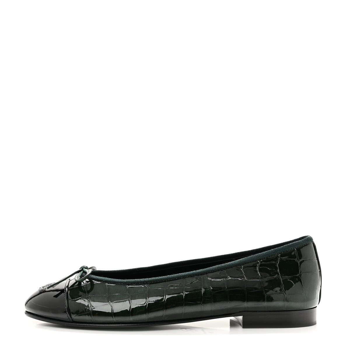 Patent Calfskin Crocodile Embossed Ballerina Flats 38 Dark Green Black