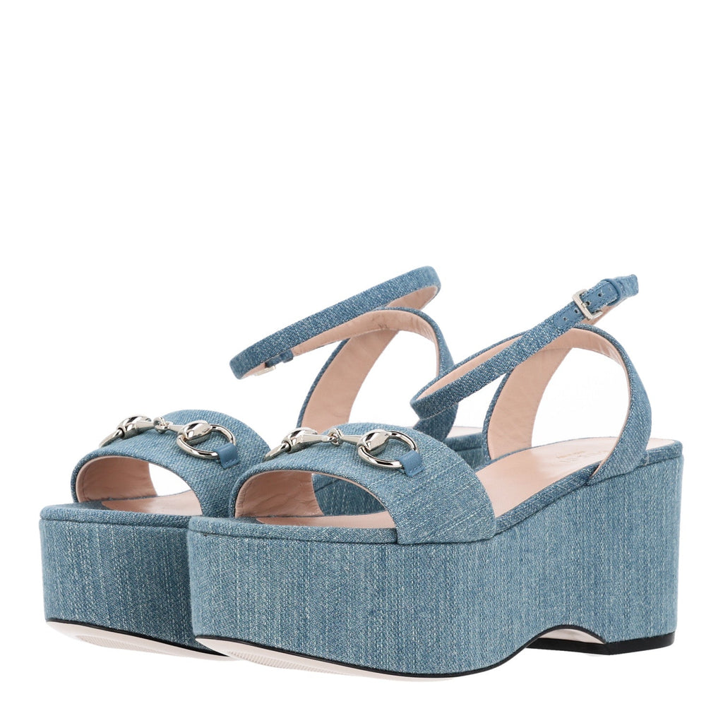 Denim Horsebit Ankle Strap 75mm Flatform Sandals 36 Old Azure