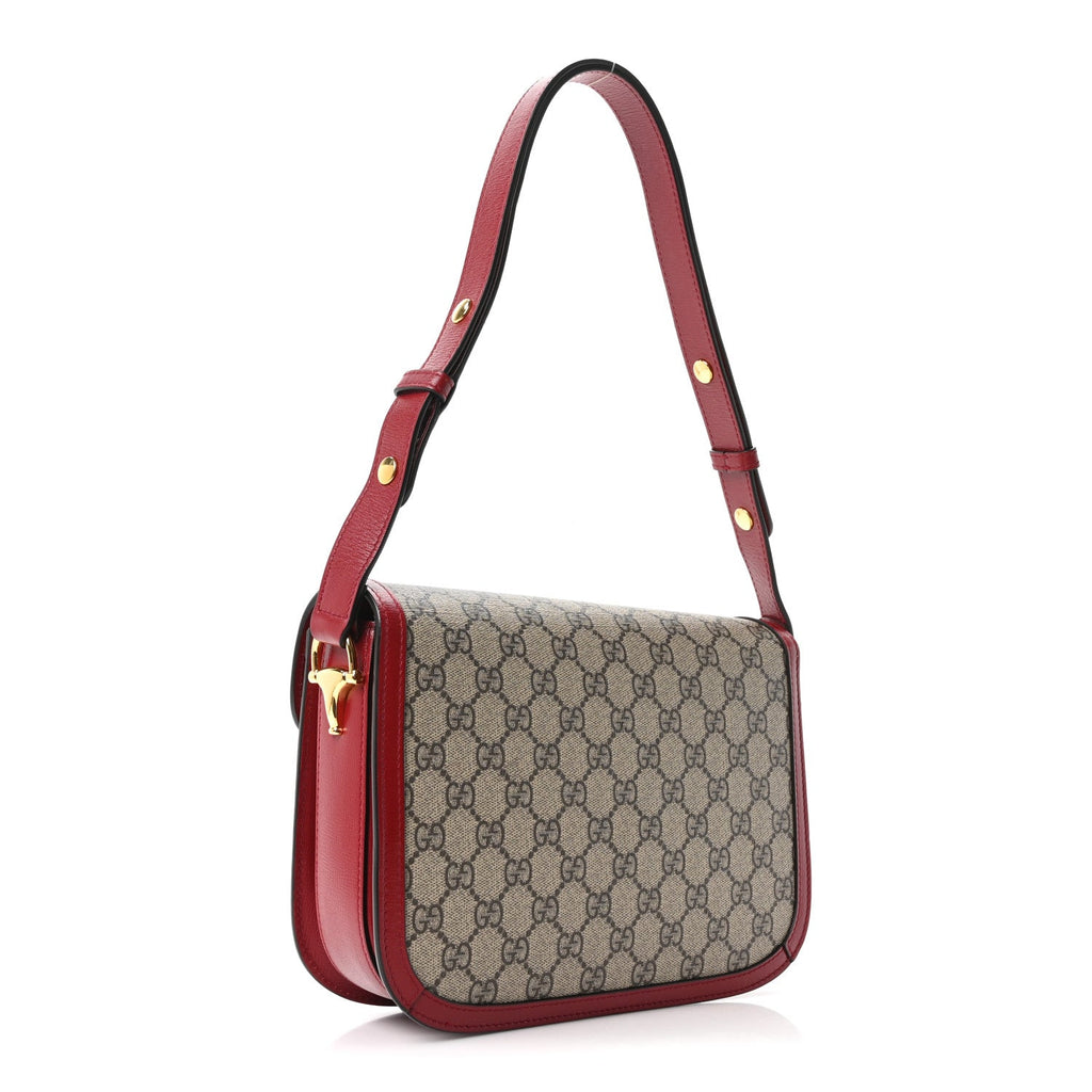 GG Supreme Monogram Azalea Calfskin Horsebit 1955 Shoulder Bag Beige Ebony New Cherry Red