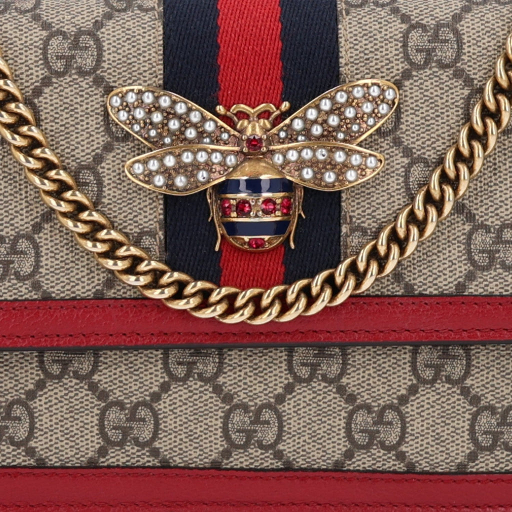 GG Supreme Monogram Web Queen Margaret Chain Wallet Red