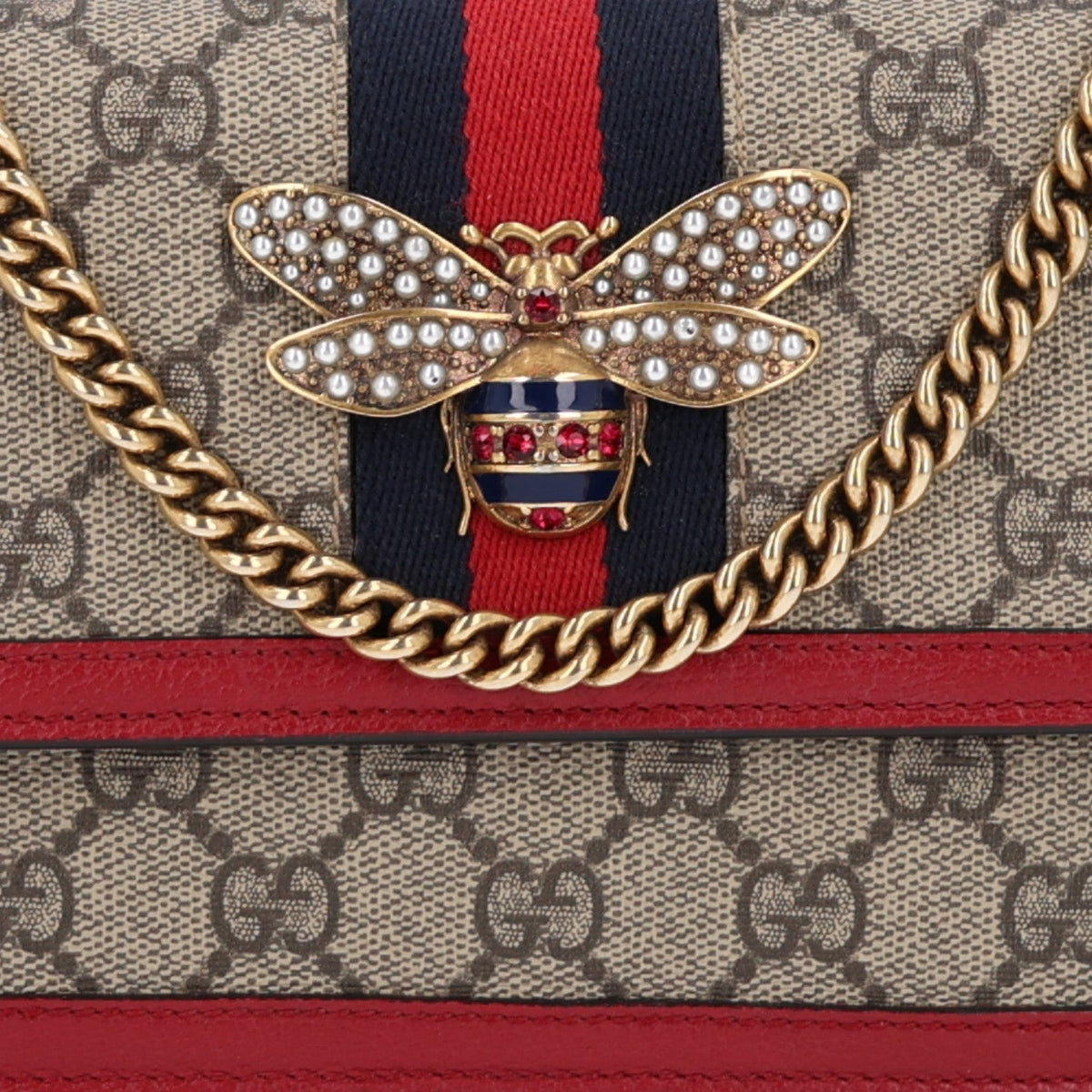 GG Supreme Monogram Web Queen Margaret Chain Wallet Red