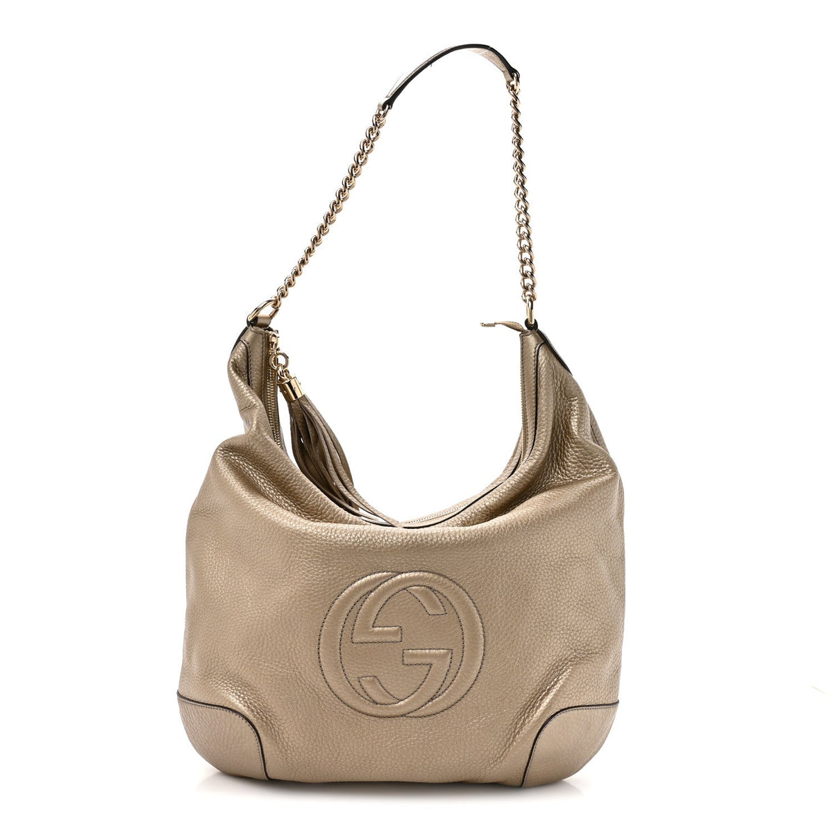 Metallic Pebbled Calfskin Medium Soho Chain Hobo Golden Beige
