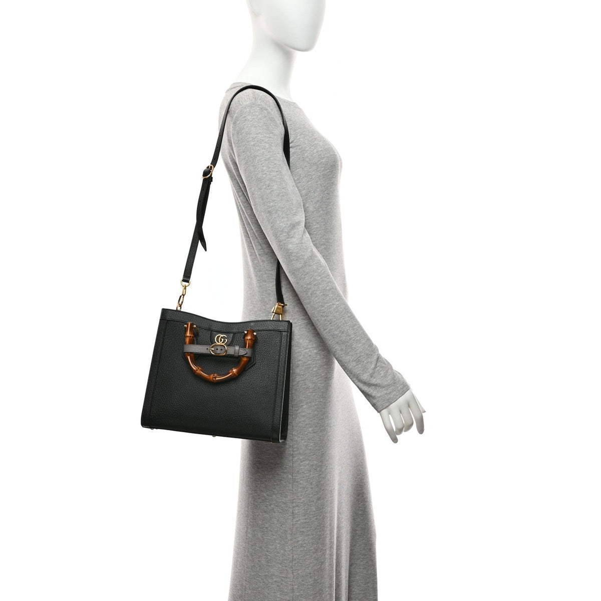 Textured Dollar Calfskin Web Small Diana Tote Bag Black Dusty Grey